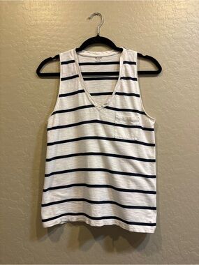 Madewell White and Navy Striped V-Neck Tank